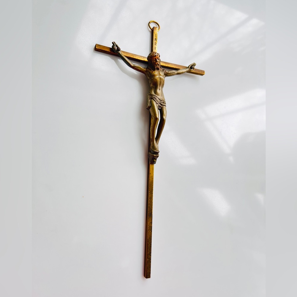 Vintage Brass Crucifix INRI Jesus Christ on the Cross Religious Wall Hanging 10"